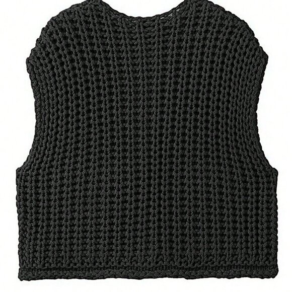 Black Casual Women's Loose Knit Vest With Double Pockets - Picture 2 of 5